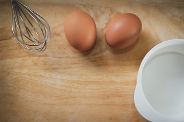 hen egg put on wood cutting board in kitchen prepare cooking