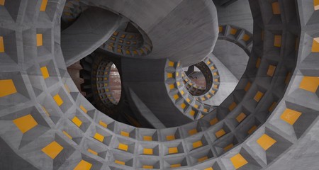 Abstract architectural rusted metal interior with concrete discs . 3D illustration and rendering.