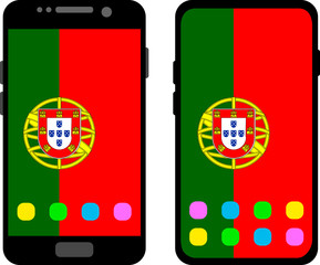 Obraz premium Two black smartphones with a home screen and wallpaper with the flag of Portugal: old model with gray buttons and new model without buttons. Vector graphics, illustration