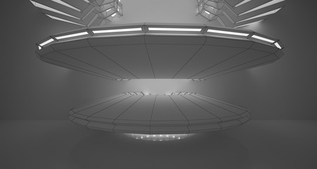 Abstract drawing white interior with discs and neon lighting. 3D illustration and rendering.