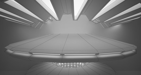 Abstract drawing white interior with discs and neon lighting. 3D illustration and rendering.