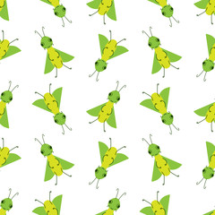 Vector seamless pattern with a cute insect bug on a white background. Flat design for children. Cartoon kawaii funny Doodle character