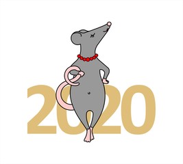 The Rat Is A Girl. An Important Rat With A Necklace Of Beads. Fashionable Mouse. Rat On The Background Of The Numbers 2020. Symbol Of 2020. Vector Illustration Isolated On A White Background.