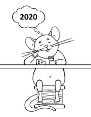 A Rat Sits In A Bar, Drinks Wine, Eats Cheese, Thinks Of 2020. Cloud For Thought. A Cute Cartoon Mouse Sits On A Spool Of Thread. Symbol Of 2020. Contour Vector Illustration. For Coloring Book Page.