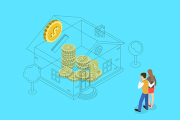Naklejka premium Isometric Flat Vector Concept of Mortgage, Investing Money in Real Estate, Home Loan Payment.