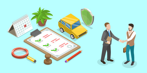 Car Insurance Flat Isometric Vector Concept. Insurance Company Agent is Shaking Hand to the Client beside the Policy and Other Attributes.