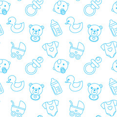 Baby shower seamless pattern with cute baby boy, nipple toy duck, teddy bear. Print design for baby goods and clothes
