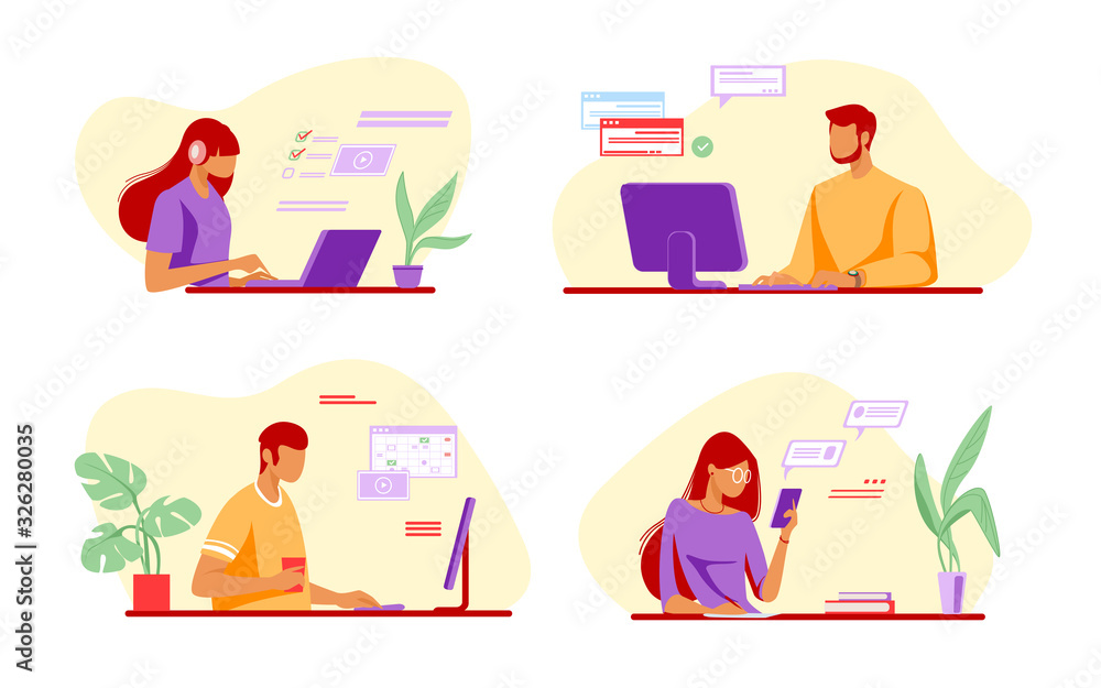 Poster people using online apps set. professionals using computers and cellphones for work or chat. flat ve