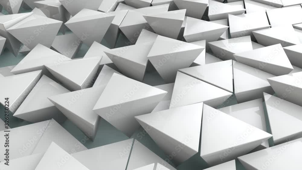 Poster 3d animation of an abstract background of many white pyramids, geometric shapes arranged randomly in