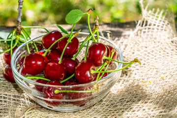 cherry of ripe berries in a glass bowl harvest ripe berries. Healthy and diet food. on a natural background
