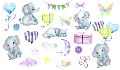 Watercolor hand painted cute Elephants, moon, stars, clouds, balloons, butterfly, gifts, holiday elements