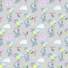 Watercolor seamless pattern with tropical leaves, pink flowers, cute baby Elephant,  moon, stars, clouds, balloons