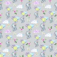 Foto op Plexiglas Dieren met ballon Aquarel naadloos patroon met tropische bladeren, roze bloemen, schattige babyolifant, maan, sterren, wolken, ballonnen