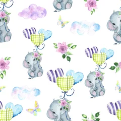  Aquarel naadloos patroon met tropische bladeren, roze bloemen, schattige babyolifant, maan, sterren, wolken, ballonnen © Анна Егорова