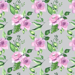Watercolor floral seamless pattern with pink and lilac tropical flowers magnolias and leaves