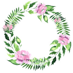 Watercolor floral wreath with pink and lilac tropical flowers magnolias and leaves
