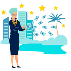 Grandmother is a pensioner, throws money. Old age millionaire. In minimalist style Cartoon flat raster