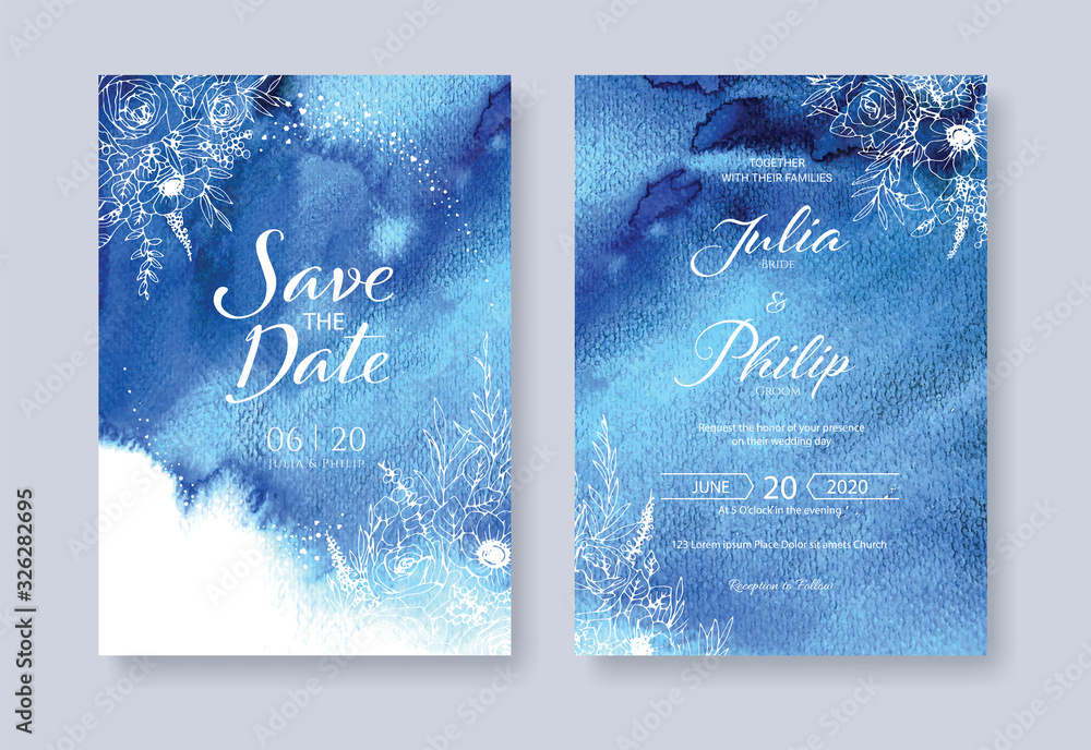 Wall mural set of floral wedding invitation card, save the date template. vector. blue watercolour background t