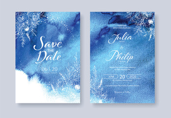 Set of floral wedding Invitation card, save the date template. Vector. blue watercolour background texture with white flower drawing line art.