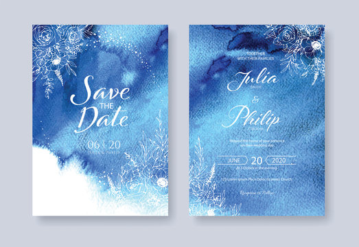 Set Of Floral Wedding Invitation Card, Save The Date Template. Vector. Blue Watercolour Background Texture With White Flower Drawing Line Art.