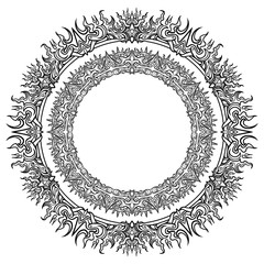 Beautiful circular pattern frame, with many small details symmetrically arranged around the perimeter. 2D illustration.