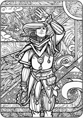Coloring book for adults, a young optimistic guy jester in a beautiful suit, covers his face with his hand from the sun, behind him the elements are raging, personifies the tarro card "Jester". 2D ill