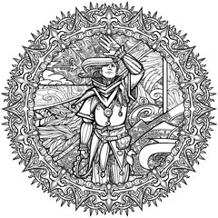 Fototapeta na wymiar Coloring book for adults, a young optimistic guy jester in a beautiful suit, covers his face with his hand from the sun, behind him the elements are raging, personifies the tarro card 