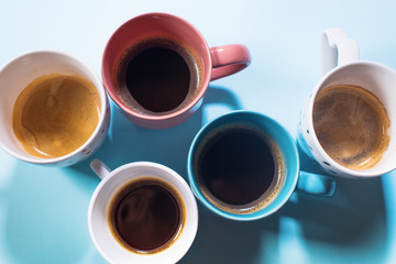 Different fresh group cups coffee milk pastel blue
