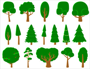 Big set of vector deciduous and coniferous trees. Game UI flat. Stylized tree for logo, games or cards
