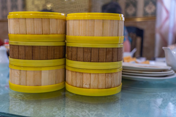 Dimsum bamboo steamer boxes in Hong Kong restaurant