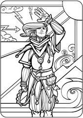 Coloring book for adults, a young optimistic guy jester in a beautiful suit, covers his face with his hand from the sun, behind him the elements are raging, personifies the tarro card "Jester". 2D 