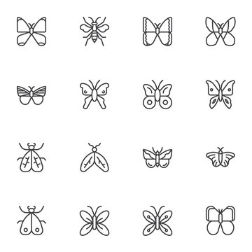 Butterfly line icons set. linear style symbols collection, outline signs pack. Insects animals vector graphics. Set includes icons as butterfly wings, moth, fly