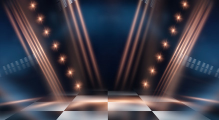 Abstract modern dark background. Dark empty scene with rays and spotlights. Night abstract blue background with golden light. Neon light, reflection.