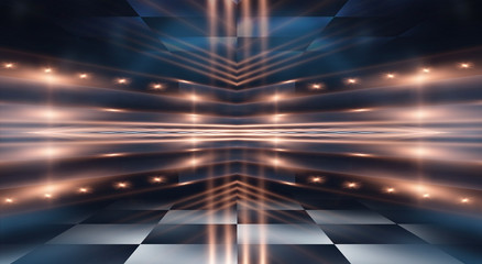 Abstract modern dark background. Dark empty scene with rays and spotlights. Night abstract blue background with golden light. Neon light, reflection.