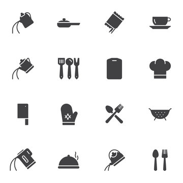 Cooking utensils vector icons set, modern solid symbol collection, filled style pictogram pack. Signs, logo illustration. Set includes icons as tea kettle, coffee pot, colander, cook hat, cutlery