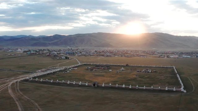 drone Mongolia city karakoram and sunset