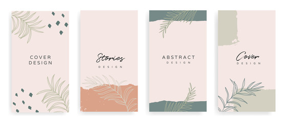 Fototapeta na wymiar Social media stories and post creative Vector set. Background template with copy space for text and images Design byabstract colored shapes, line arts , Tropical leaves warm color of the earth tone