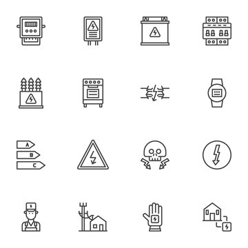 Electricity supplies line icons set. linear style symbols collection, outline signs pack. vector graphics. Set includes icons as electric transformer, high voltage sign, electrician man, energy saving