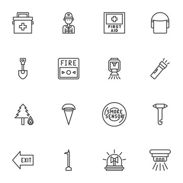 Safety instructions line icons set. linear style symbols collection, Emergency outline signs pack. vector graphics. Set includes icons as smoke sensor, medical bag, exit direction, fire button, water