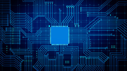 Hi-tech digital circuit lines with a chip. Futuristic digital circuit concept with glowing lines and hi-tech elements.