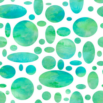 Geometric blue-green watercolor circles and ellipses abstract background with splashes, drops. Hand-painted texture. Seamless pattern. Isolated on white background. Watercolor stock illustration.