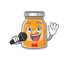 Happy apple jam singing on a microphone