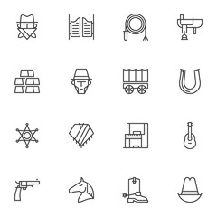 Western cowboy line icons set. linear style symbols collection, Wild west outline signs pack. vector graphics. Set includes icons as salon, gold bars, face mask, horse shoe, gun, cowboy hat, boot shoe
