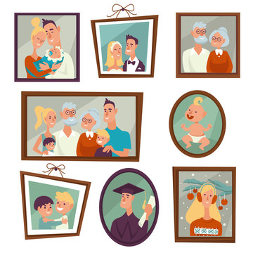 Family portrait and photos in frames on wall isolated icon