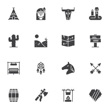 Native American vector icons set, modern solid symbol collection, filled style pictogram pack. Signs, logo illustration. Set includes icons as Wild west, western cowboy, treasure map, horse, desert