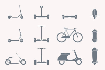 Eco-friendly transport Icons set - Vector silhouettes of scooter, monowheel, hoverboard, bicycle and skateboard for the site or interface