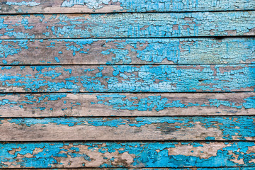 Blue wooden texture background. Wall surface. Horizontal wooden boards. Close up with copy space. Old grungy wooden planks background in blue color. Abstract background and texture for design.