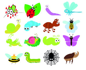 Obraz premium Set of insect icons. Kawaii. Ladybug, mosquito, butterfly, rhinoceros beetle, centipede, Grasshopper, caterpillar, spider, snail, Dragonfly, Ant, worm, slug, wasp, bee. Flat design. Vector