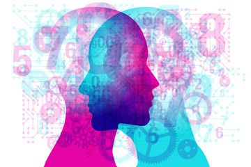 A male and female side silhouette positioned face to face, overlaid with various semi-transparent shapes, gears and numbers.