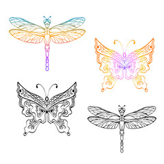 Dragonfly and butterfly in hand drawn sketch style. Line art. Tatoo art. Black and white and colourful design elements isolated on white background